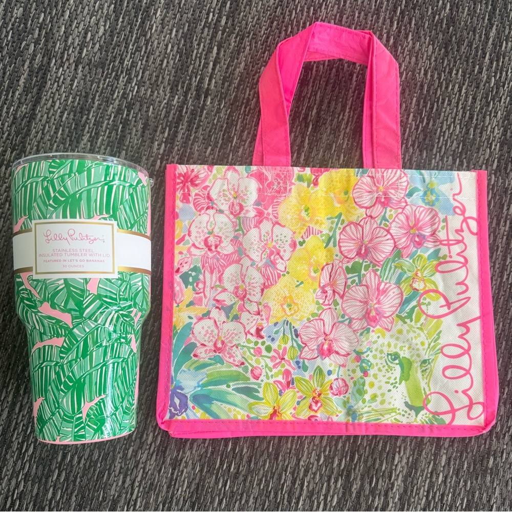 Lilly Pulitzer Tumbler & Gift Bag Set NWT Let’s Go Bananas Stainless Steel Cup